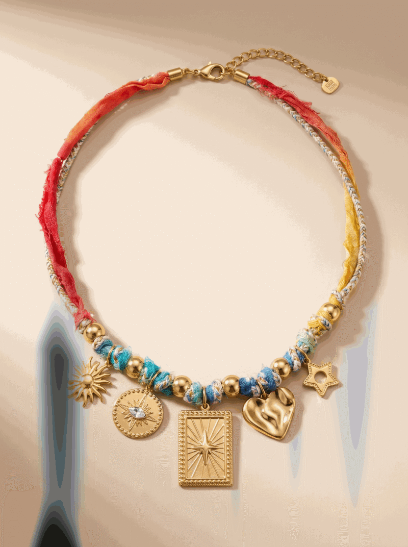 Collier en tissu avec charms - Rylee - Doré