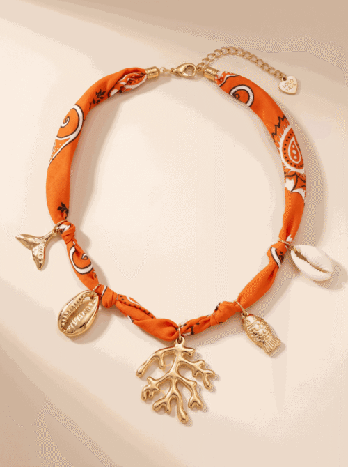 Collier en tissu avec charms océan - Maevie - Corail