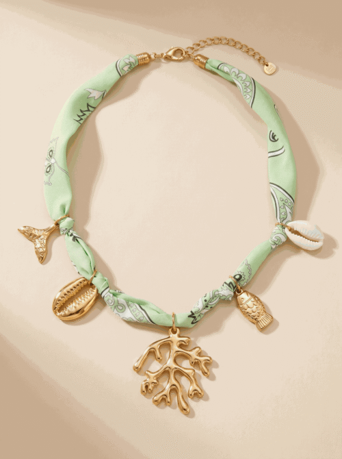 Collier en tissu avec charms océan - Maevie - Vert