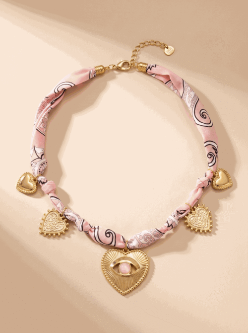 Collier en tissu avec charms coeur - Alitzel - Rose
