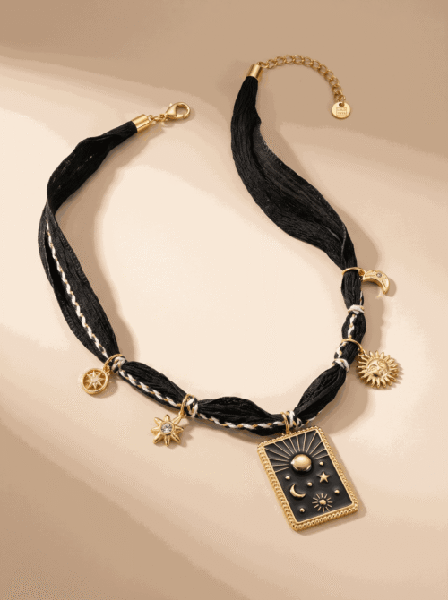 Collier en tissu avec charm nuit - Night - Noir