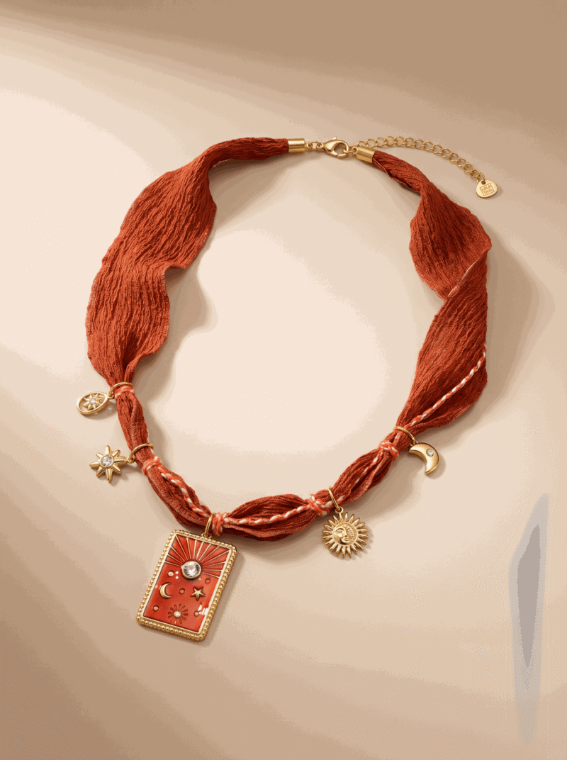 Collier en tissu avec charm nuit - Night - Rouge