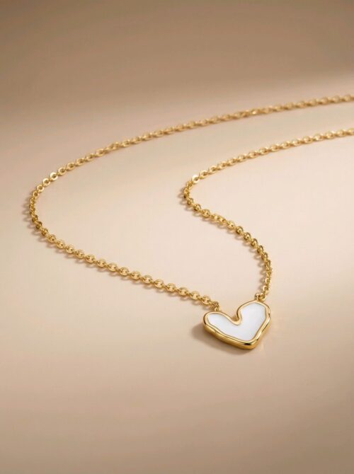Collier en acier - Coeur blanc - Doré