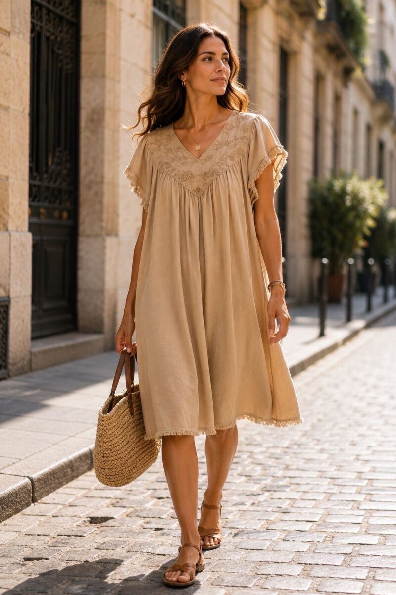 Robe courte en Tencele - Manches courtes - Caramel