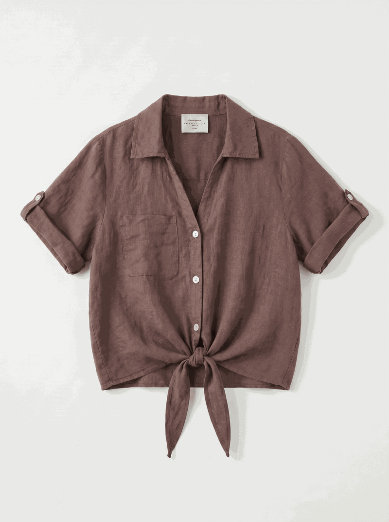 Chemise en lin avec noeud à la taille - Moka