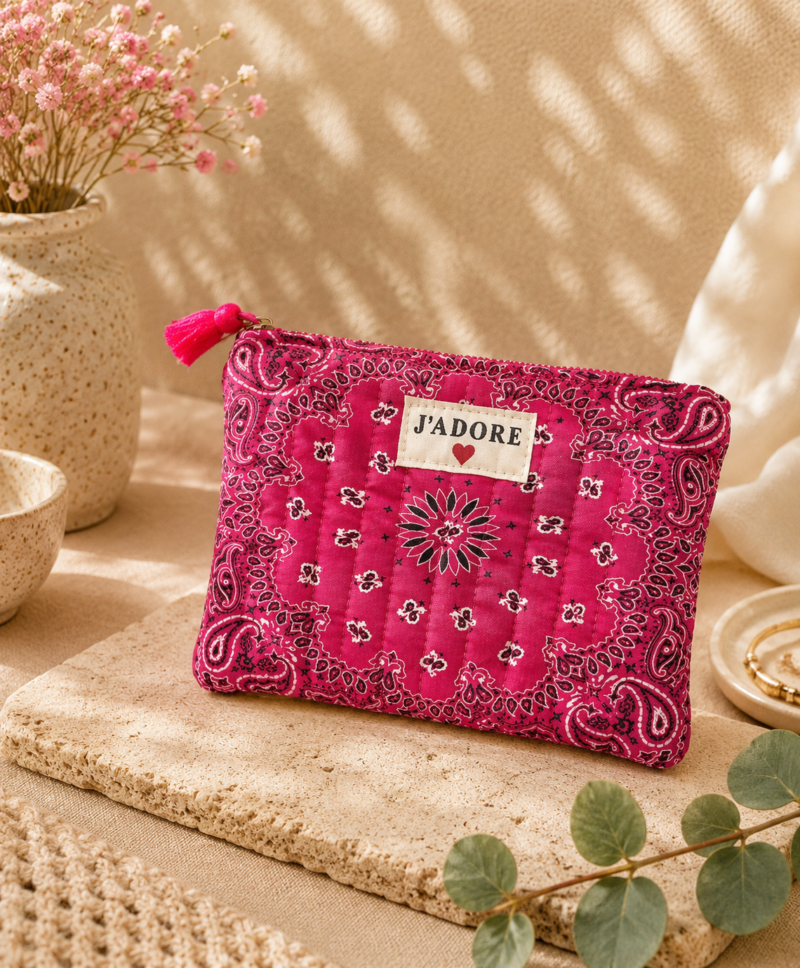 Pochette en coton - J'adore - Bandana Fuchsia