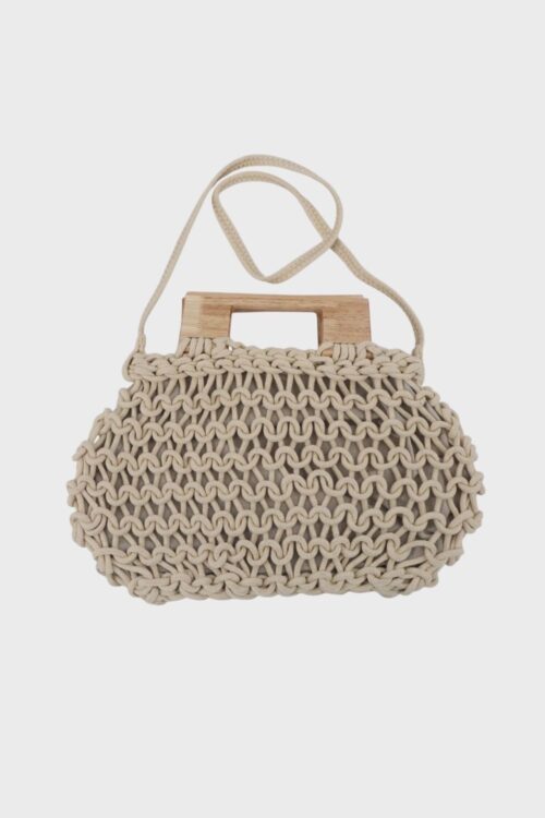 Sac en crochet avec anse en bois - Beige