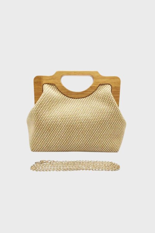 San à main en rafia avec anse en bois - Beige