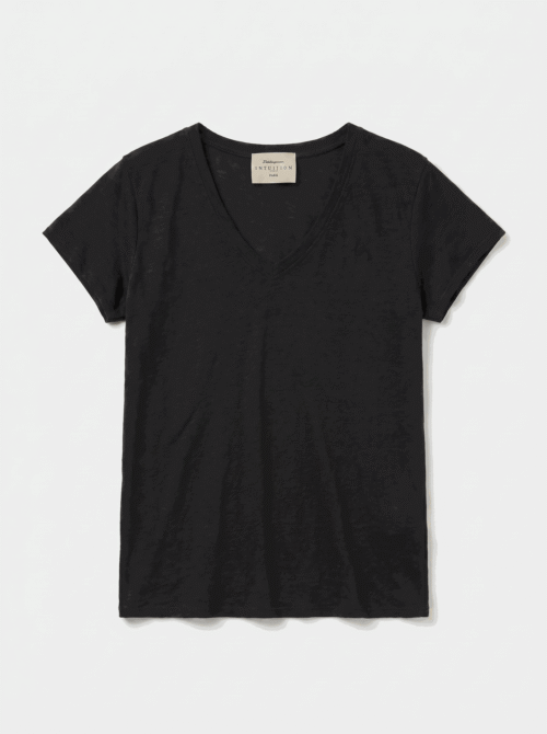 T-shirt en lin - Col V et manches courtes - Noir
