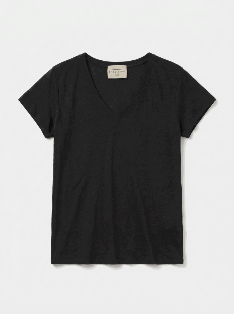 T-shirt en lin - Col V et manches courtes - Noir