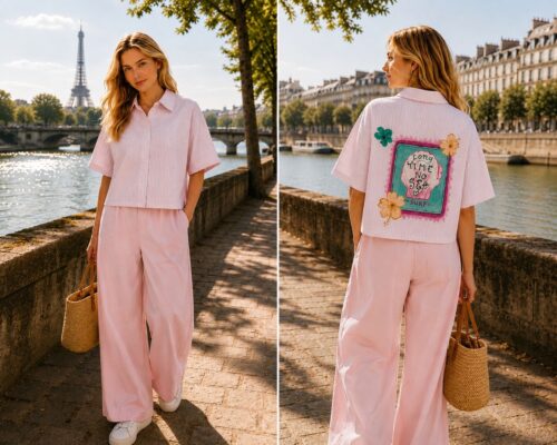 Chemise à manches courtes avec motifs dans le dos - Rose