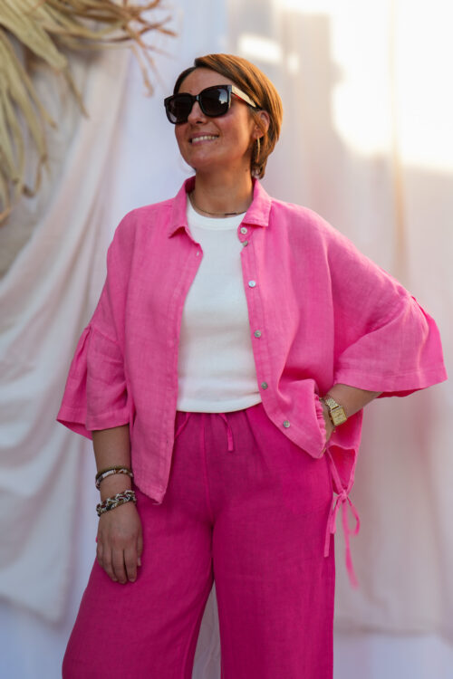 Chemise en lin - Manches courtes - Fuchsia