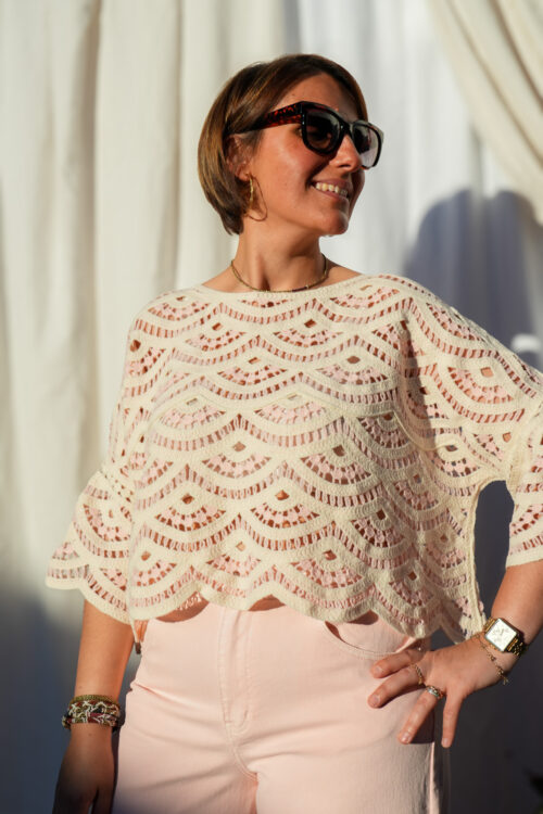 Haut en crochet - Ecru et rose