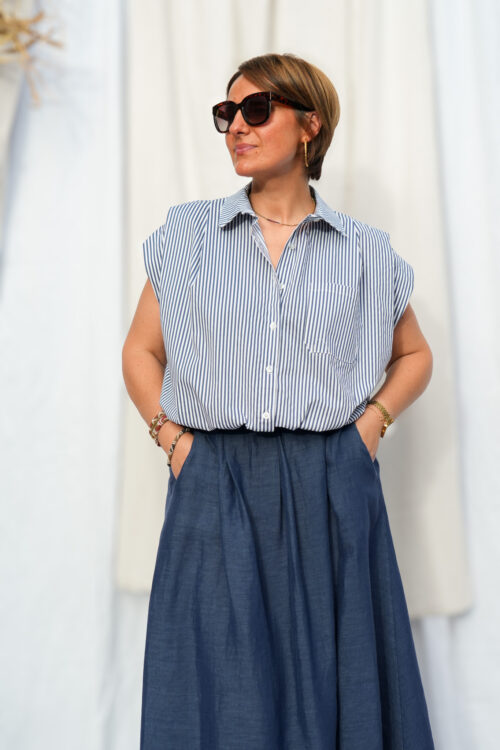 Blouse type chemisier - Sans manche - Ligné - Marine