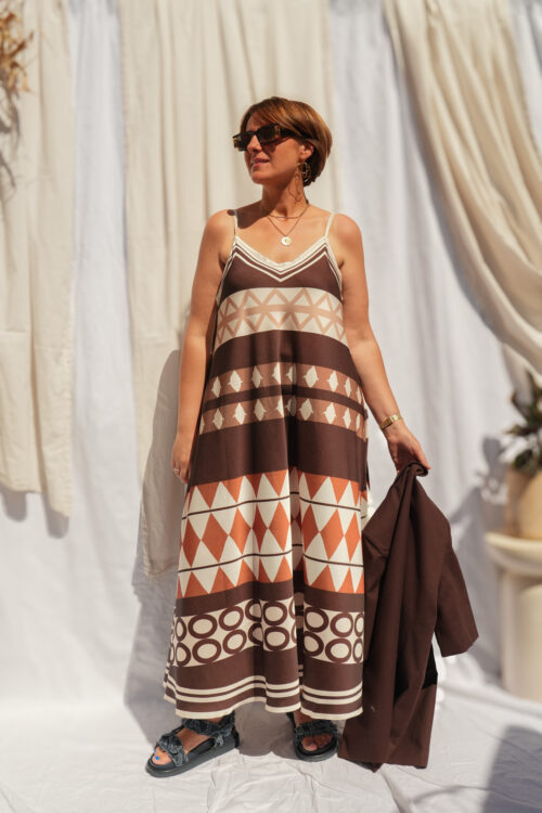 Robe bohème fluide - Imprimé géométrique - Marron