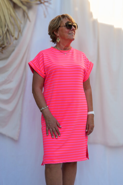 Robe courte en coton - Rayures - Corail