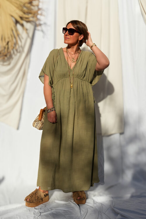robe longue col v tresse vert 02