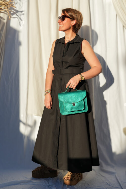 Robe longue en coton glacé sans manche avec ceinture - Noir