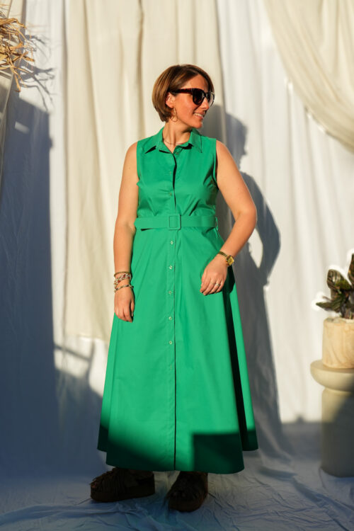 Robe longue en coton glacé sans manche avec ceinture - Vert