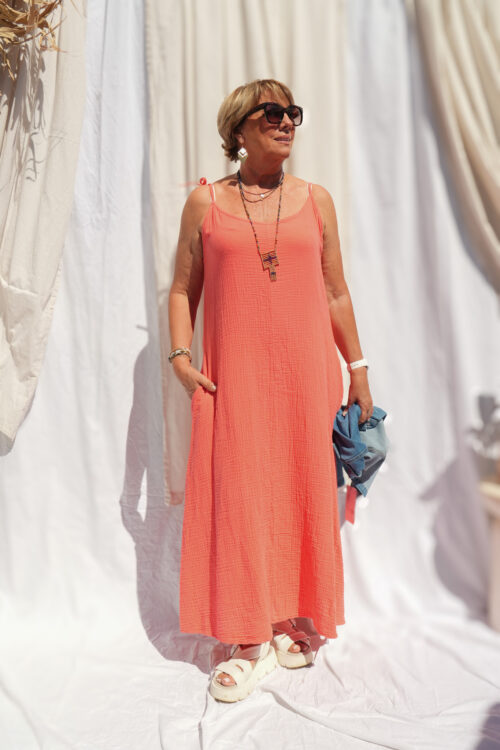 Robe longue en gaz de coton - Corail