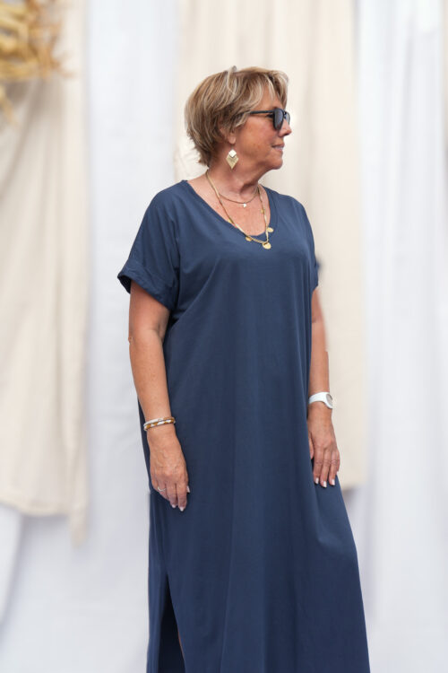 Robe t-shirt unie col v manches courtes - Carla - marine