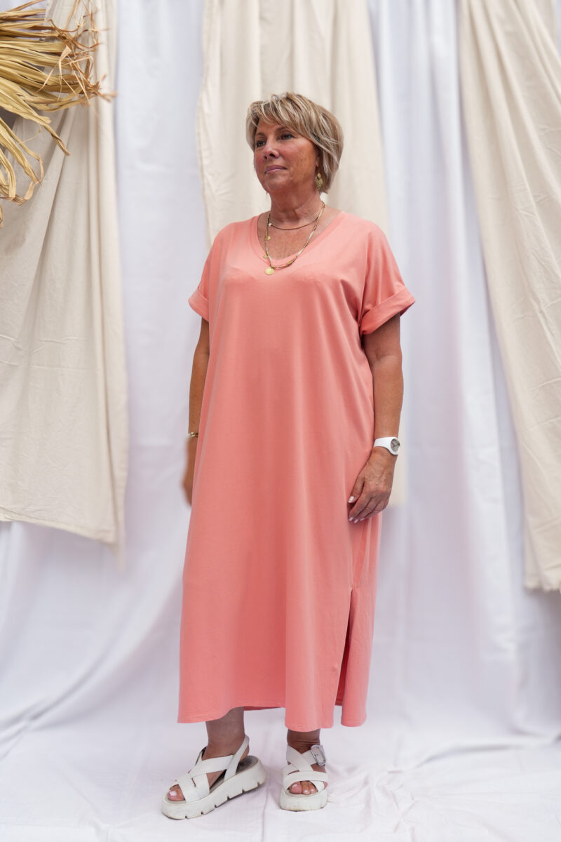 robe unie col v manches courtes carla corail 04