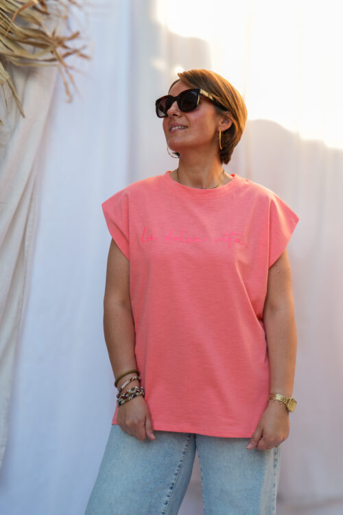 T-shirt à manches courtes en coton - Motif brodé - Dolce Vita - Corail