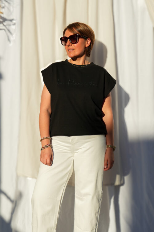 T-shirt à manches courtes en coton - Motif brodé - Dolce Vita - Noir