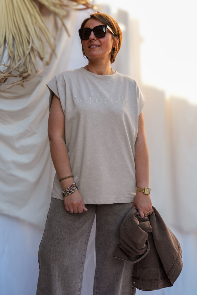t shirt a manches courtes en coton motif brode dolce vita taupe clair 02