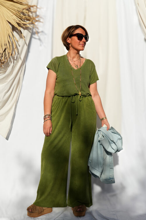 T-shirt en lin - Col V et manches courtes - Vert