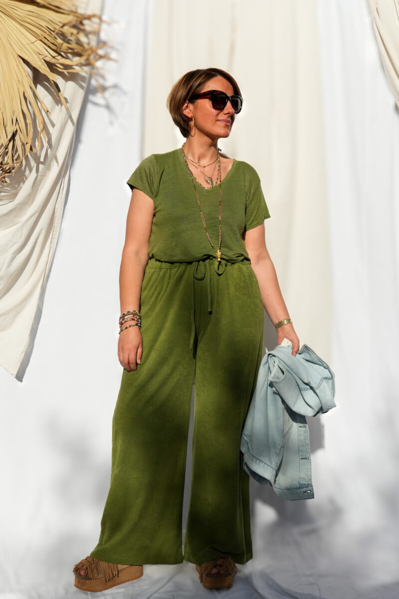 t shirt en lin col v et manches courtes vert 05