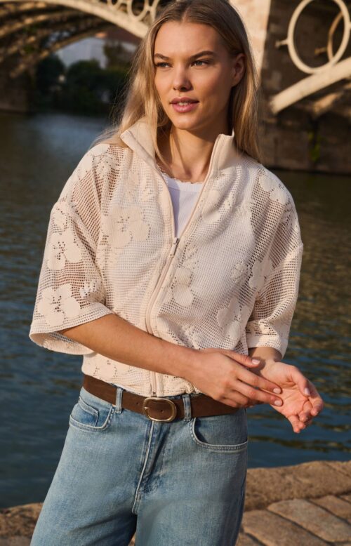Home 1 Veste en crochet à manches courtes, motif floral - YAYA - Beige
