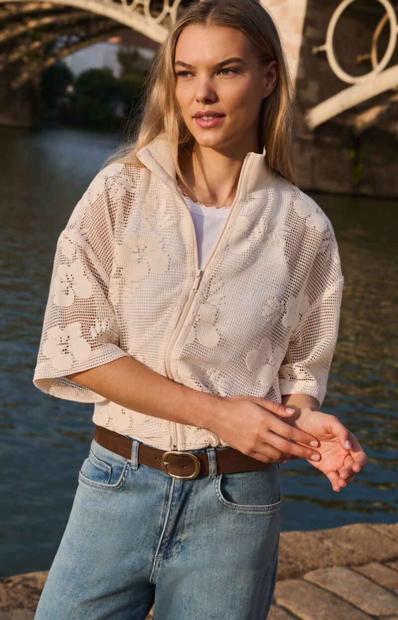Veste en crochet à manches courtes, motif floral - YAYA - Beige