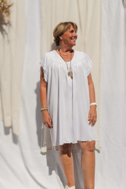 Robe courte en Tencele - Manches courtes - Blanc