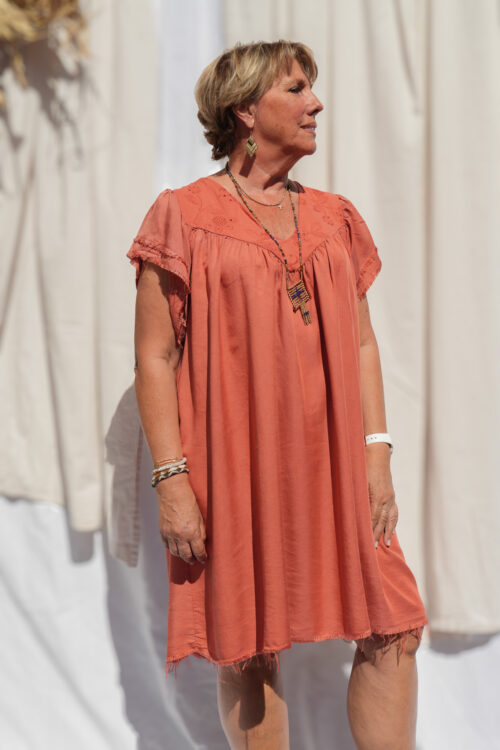 Robe courte en Tencele - Manches courtes - Vieux rose